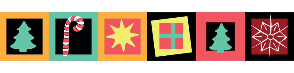 Edging, ribbon, border from xmas holiday icons. Modern geometric christmas mosaic seamless pattern. Vector traditional winter decoration, divider, decorative element. Christmas, new year theme