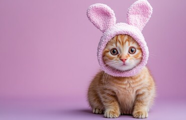 Cute fluffy cat wearing bunny ears costume on purple background with copy space
