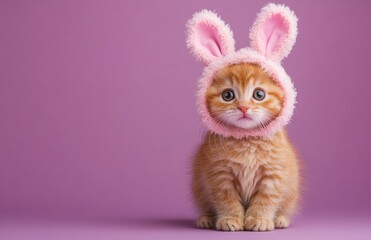 Cute fluffy cat wearing bunny ears costume on purple background with copy space