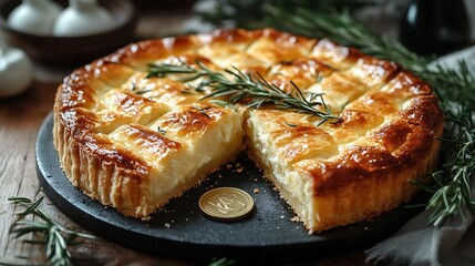 A close-up of a festive vasilopita with a slice removed, showcasing its fluffy texture and golden crust, a shiny coin placed prominently in the background,
