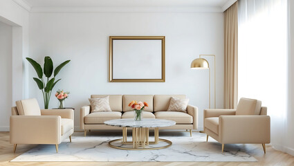 Stylish living room interior with sofa, coffee table and wooden empty wall frame