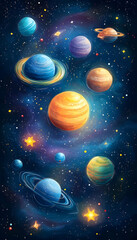 Vibrant illustration of a solar system with colorful planets and stars.