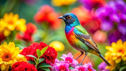 Vibrant Birds Among Blooming Flowers: A Serene Nature Scene with Colorful Birds Nestled in a Lush Floral Background, Perfect for Nature Enthusiasts and Wildlife Lovers