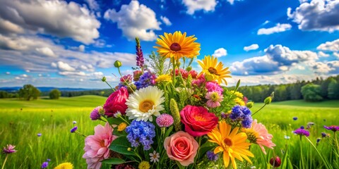 Obraz premium Vibrant Floral Bouquet in a Lush Green Field Under a Bright Blue Sky, Capturing the Beauty of Nature with High Depth of Field for Stunning Visual Appeal