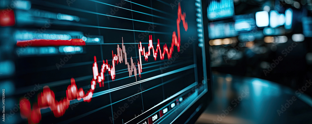 Poster close-up of digital stock market graph displaying fluctuating data on a screen.