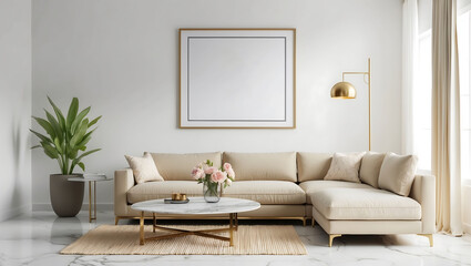 Stylish living room interior with sofa, coffee table and wooden wall frame