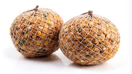 Fototapeta premium Winter Wildlife Food: A Pair of Fat Balls Filled with Seeds in a Net for Birds, Isolated on a White Background for Stock Photography Use