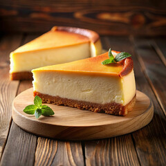 A classic cheesecake placed on a wooden table, showcasing its creamy texture and smooth top, with a hint of fruit