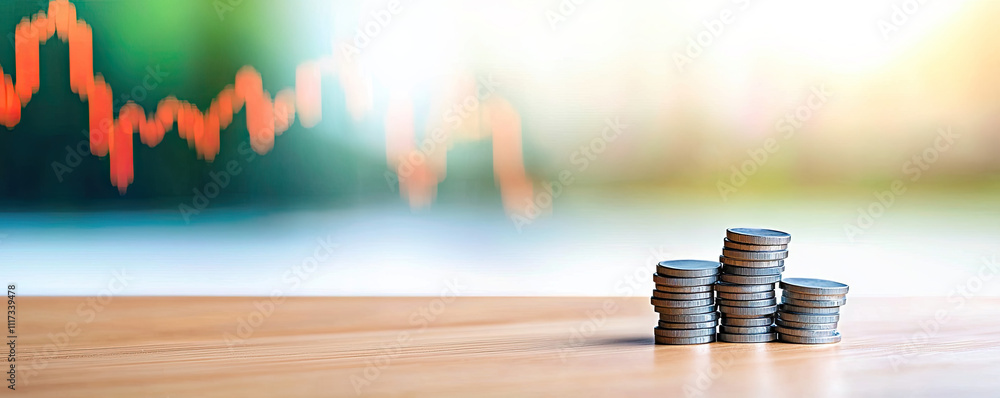 Poster coins stacked on a table with blurred financial graph in the background.