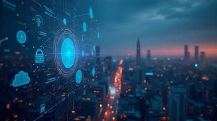 Futuristic Smart City Interface: Networked Urban Landscape at Dusk, High-Angle View, Digital Overlay