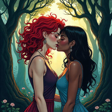 Women Kissing in the Forest. Interracial Love.