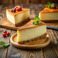 A classic cheesecake placed on a wooden table, showcasing its creamy texture and smooth top, with a hint of fruit