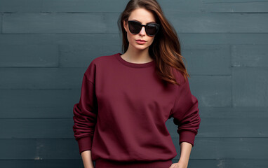 Woman bordo sweatshirt mockup. Beautiful brunette girl in bordo sweatshirt mockup on the grey background