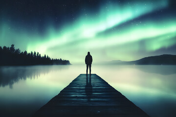 Silhouette of man standing on pier under northern lights aurora borealis reflecting on calm lake night sky nature landscape peaceful scenery dreamlike atmosphere fantasy