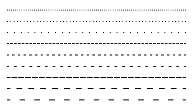 Set of long dotted line connection. different types of long dashed line. collection of lines for notebook pages. graphic seamless pattern with black stripes