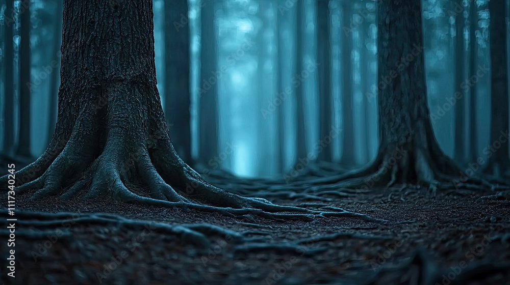 Aufkleber mysterious forest scene with towering trees and intricate roots shrouded in fog.