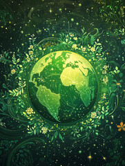 Green Earth surrounded by flowers and cosmic elements