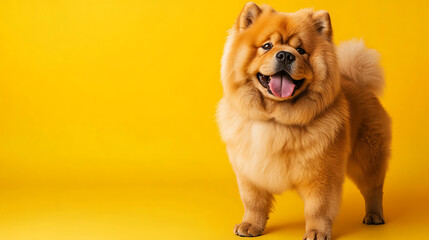 Cute puppy playing joyfully in a bright yellow studio environment with a happy vibe