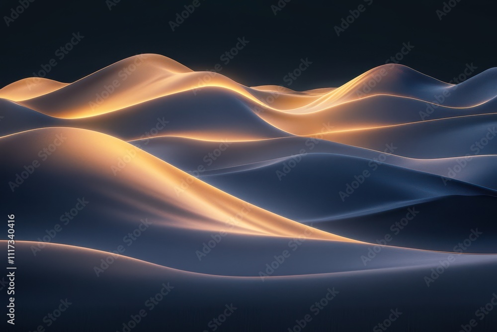 Poster a serene landscape of undulating waves illuminated by soft light.