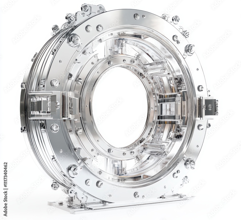 Poster abstract futuristic circular metallic structure featuring intricate details and semi-transparent ele