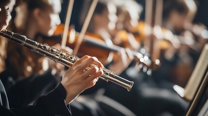 Close-up of flutist's hands playing flute in orchestra.