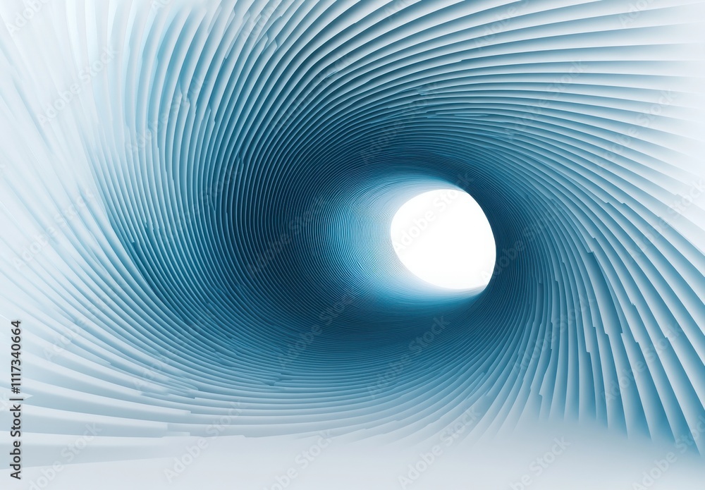 Poster abstract visualization of a twisting tunnel in light blue shades with soft curves and fluid lines cr