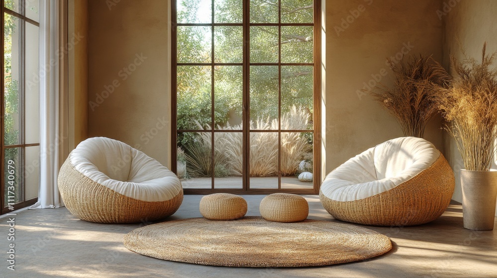 Aufkleber a warm and inviting space features two oversized wicker chairs and a round natural rug, illuminated 