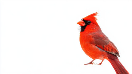 Vibrant red cardinal perched against a minimalist white background, showcasing its striking plumage and distinctive crest.