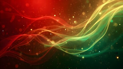 Obraz premium modern abstract wallpaper featuring vibrant red and green waves with glowing particles, creating a dynamic and festive atmosphere. Perfect for backgrounds, Christmas vibe, holiday-themed