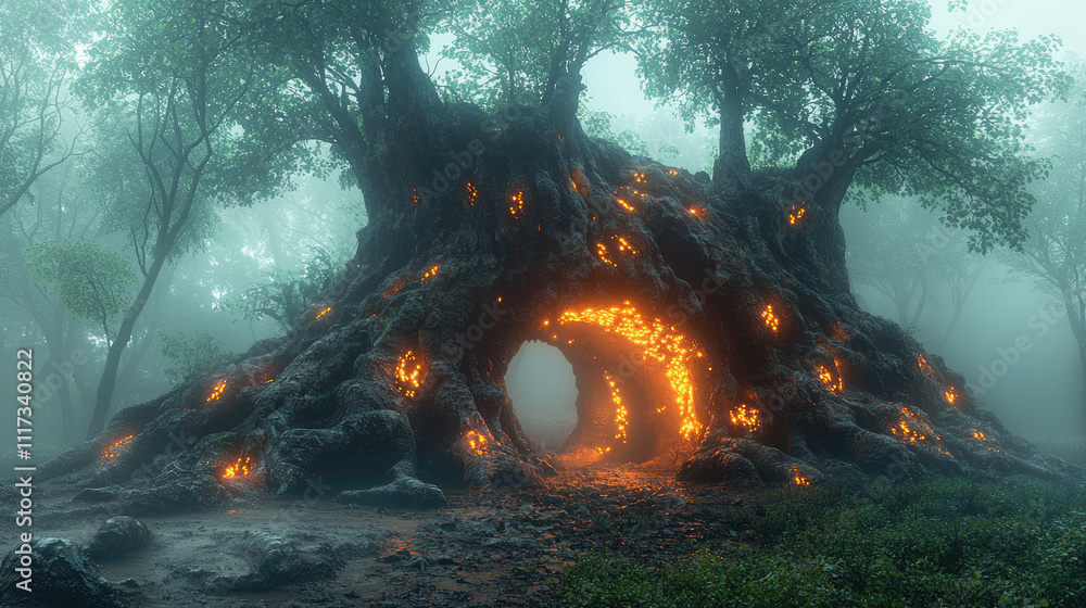 Poster mysterious glowing tree surrounded by mist in a mystical forest setting.