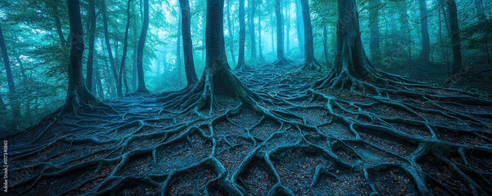 Poster mysterious forest with intricate tree roots and a serene atmosphere in soft blue light.