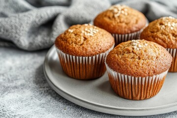 Four delicious muffins, sprinkled with sugar, sit on a plate. Perfect for bakery, food blog, or breakfast themes.