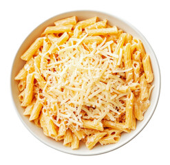 Creamy pasta with cheese served in a white bowl, cut out - stock png.