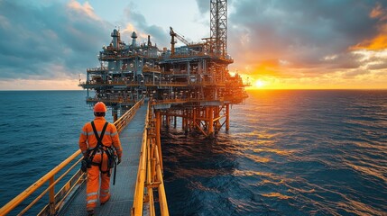 Worker in Safety Harness on High Elevation Rig Platform