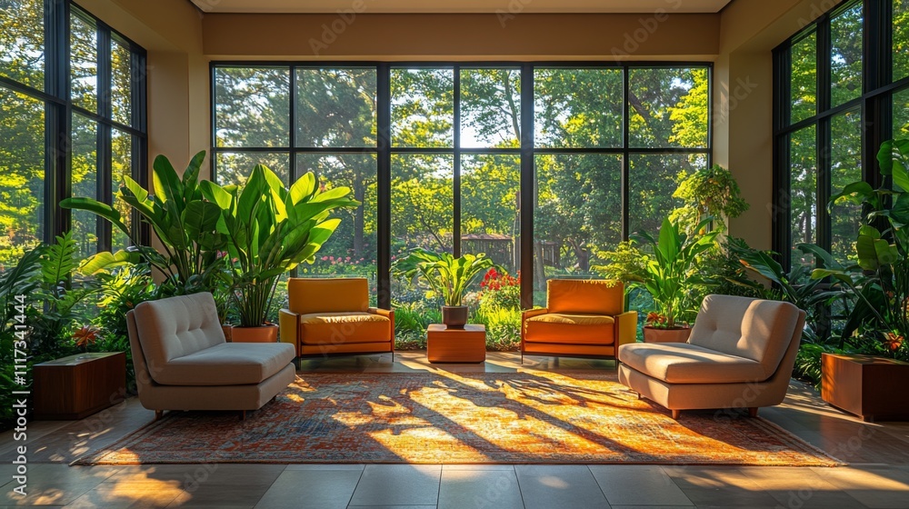Aufkleber cozy seating arrangement featuring two armchairs and two sofas surrounded by lush greenery. sunlight