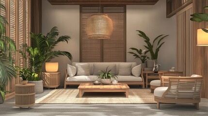 Cozy Living Room with Natural Elements and Modern Design Aesthetic