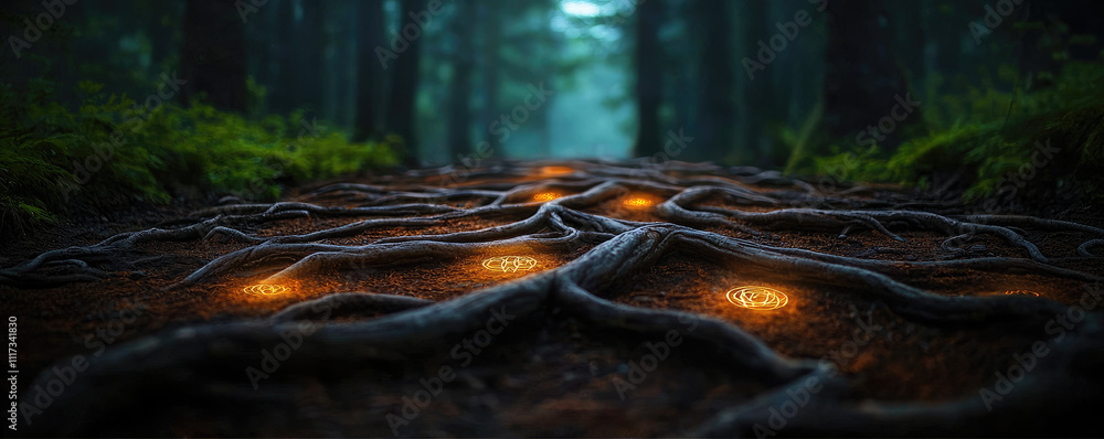 Poster mystical forest path with glowing roots and a serene atmosphere, inviting exploration.