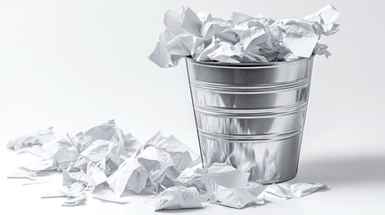 Crumpled Paper in Metal Bin on White Background for Waste Concept