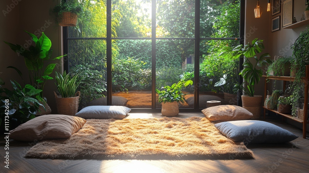 Aufkleber a bright indoor area features large windows that let in warm sunlight, illuminating plush cushions o