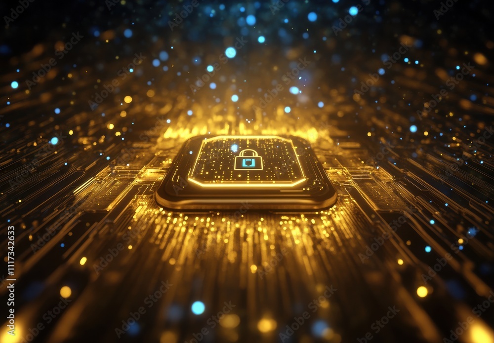 Poster digital lock concept with microchip and glowing particles, representing cybersecurity and data prote