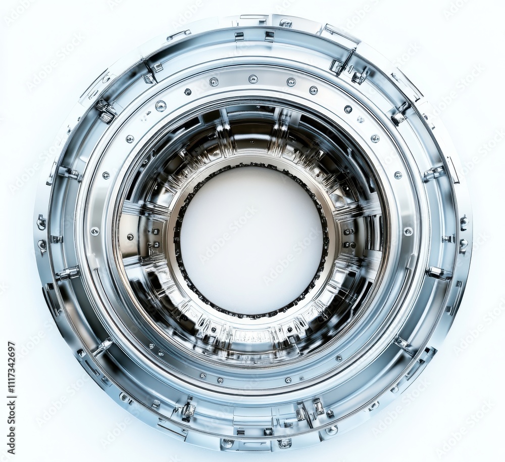 Aufkleber detailed close-up of a metallic circular component featuring smooth edges, intricate design, and ref