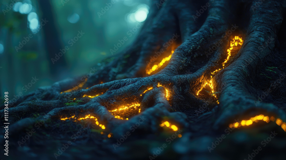 Poster mystical glowing roots of a tree in a serene forest, creating an enchanting atmosphere.