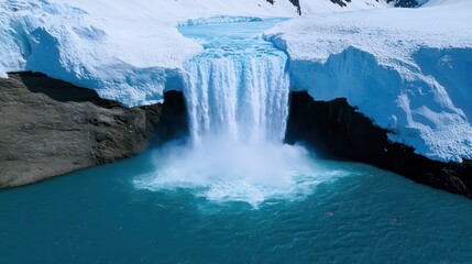 Majestic waterfall cascading into turquoise lake glacial landscape aerial view nature's serenity and power