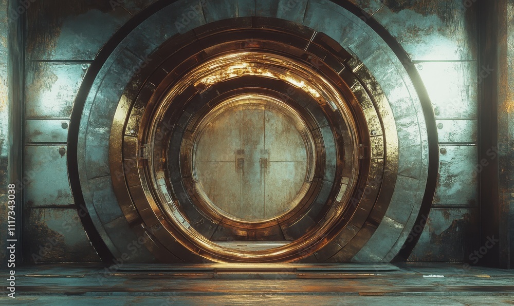 Poster futuristic circular door with metal texture and glowing features set in an abandoned high-tech envir