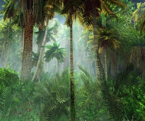 Naklejka premium Jungle, beautiful rainforest in the fog, palm trees in the haze, jungle in the morning in the fog, 3D rendering