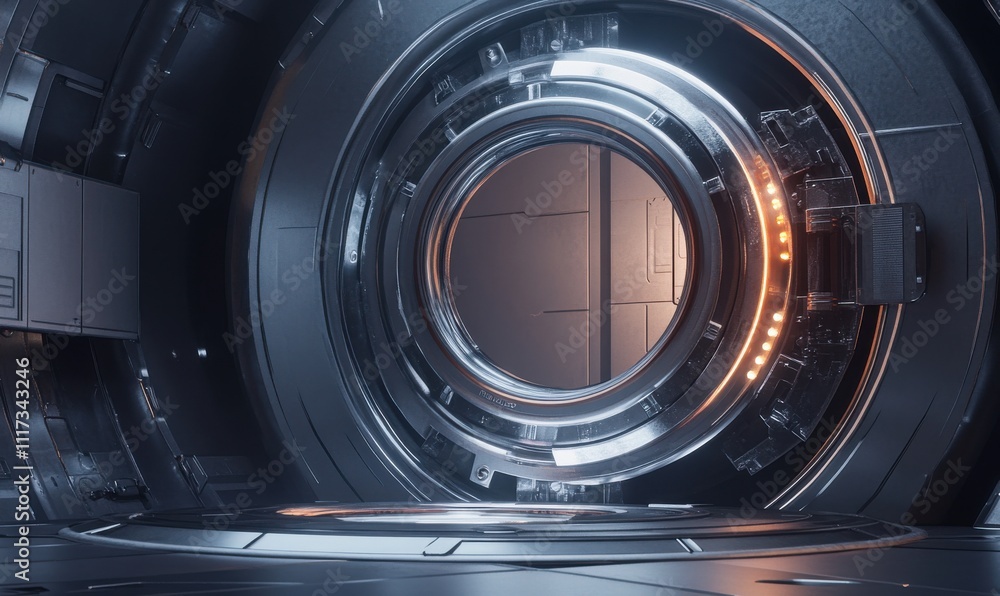 Poster futuristic circular portal in a high-tech environment with orange lights and metallic textures ideal