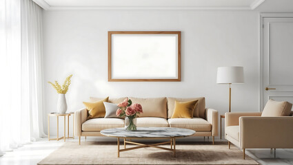 Fototapeta premium Stylish living room interior with sofa, coffee table and wooden wall frame