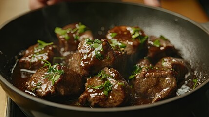 Delicious Beef Stew Cooking in a Pan with Fresh Herbs Garnish