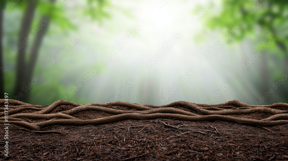 Poster sunlight filtering through trees, illuminating forest roots on vibrant soil.