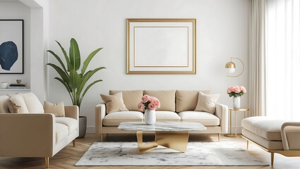 Stylish living room interior with sofa, coffee table and wooden wall frame